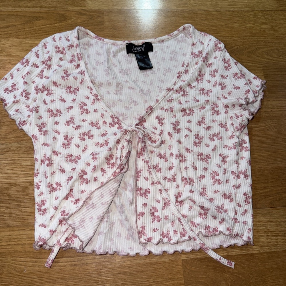 Just Polly White Floral Crop Top Size Small Front Tie Coquette Y2K Women's